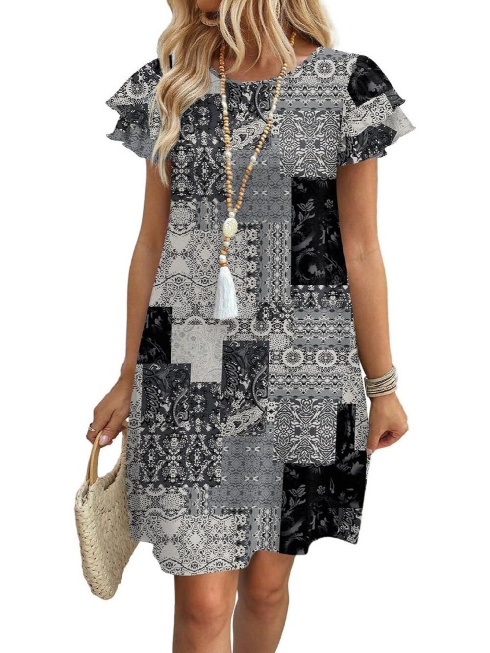Women's Black White Gray Polyester Blend Cap Sleeve Crew Neck Pull On Mini Dress